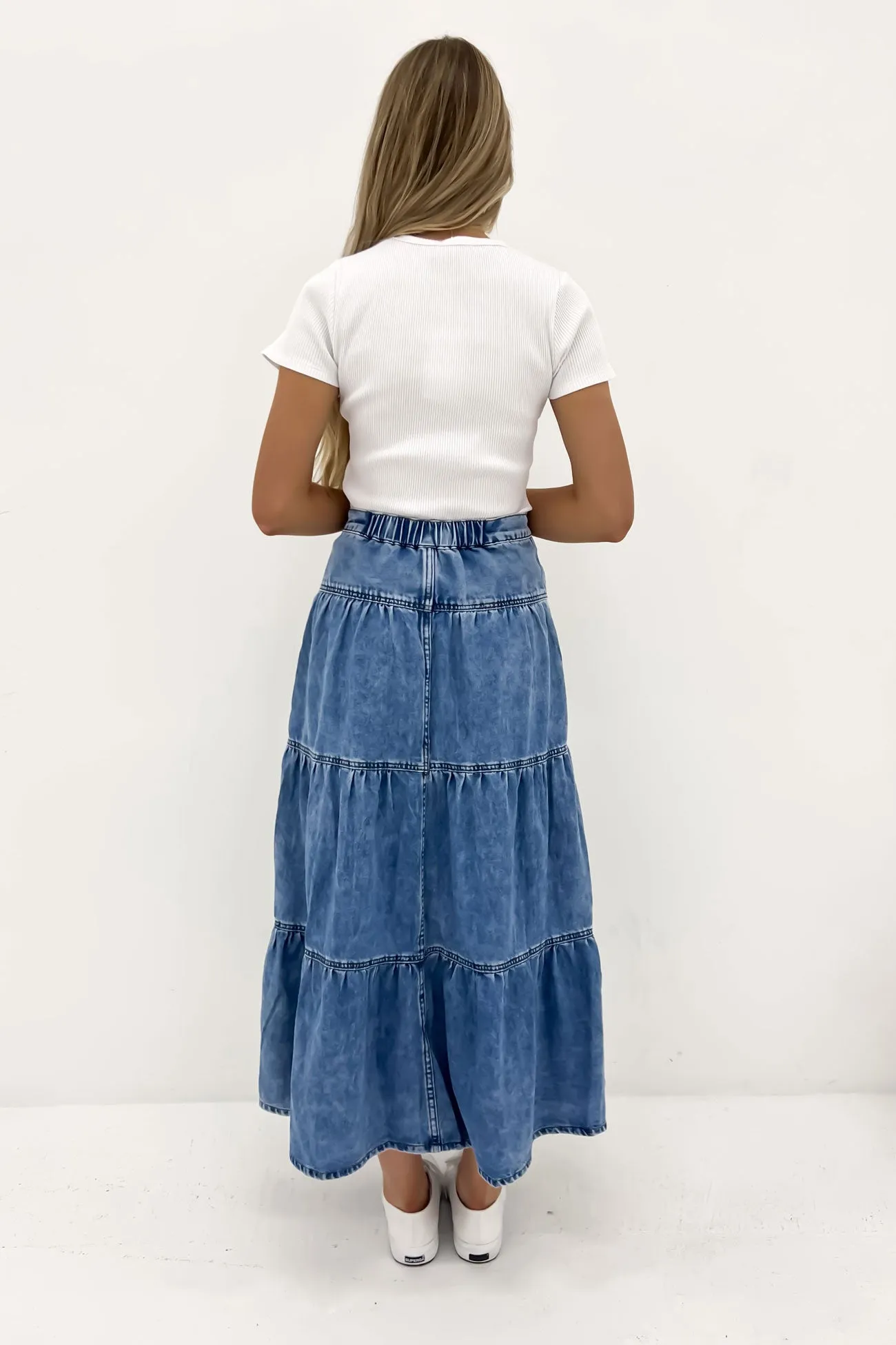 Coco Denim Maxi Skirt Light Blue Tassel accents Handmade Item