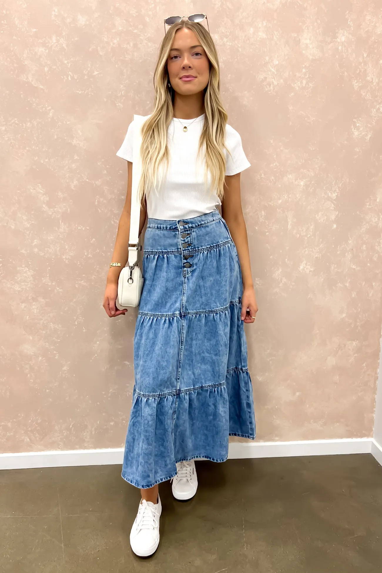 Shape Enhancing Clean Vibe Coco Denim Maxi Skirt Light Blue