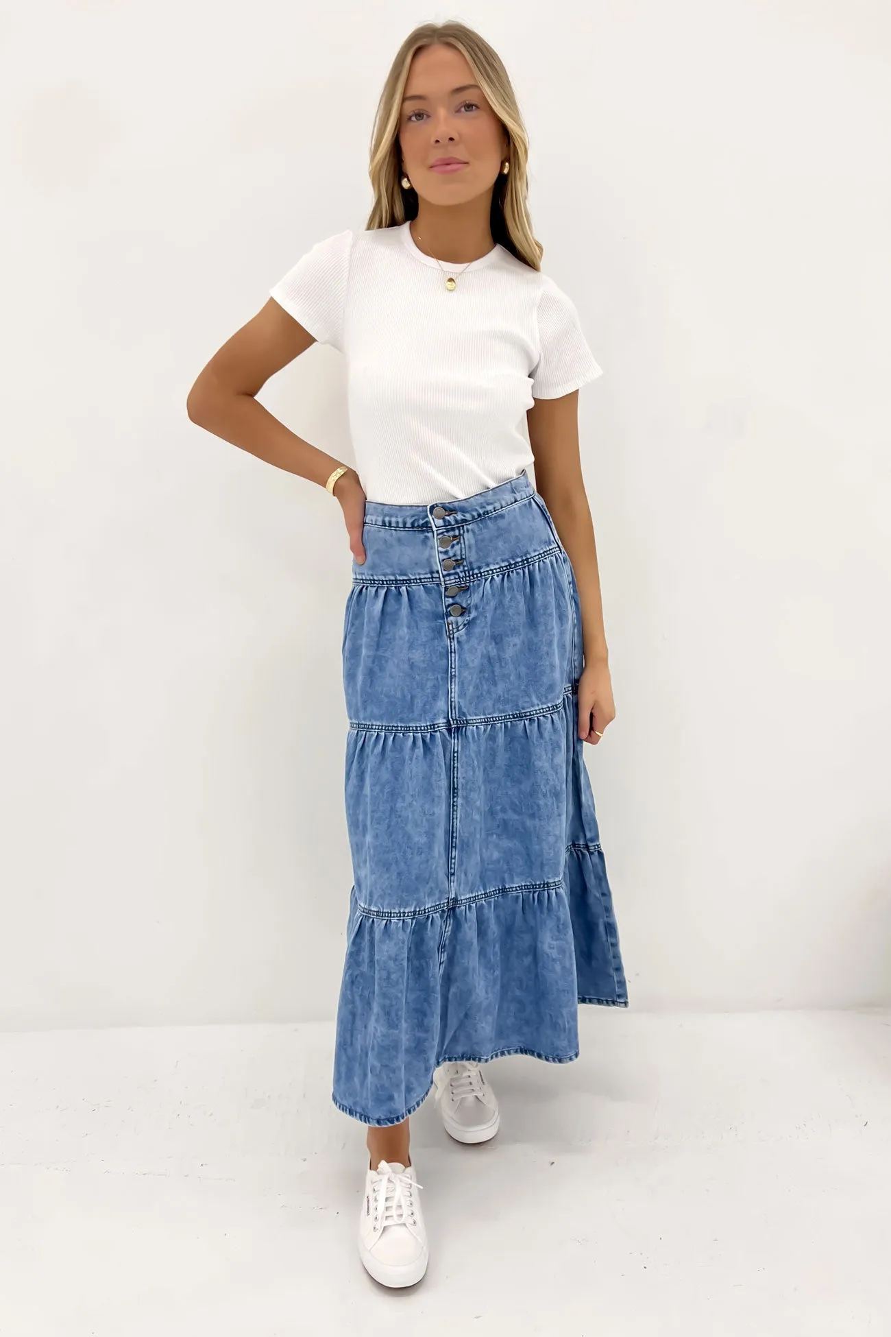 tech fabric Celebrity Style Coco Denim Maxi Skirt Light Blue