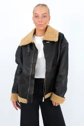 Quick drying material Classic Fit Lissy Pleather Aviator Jacket Brown