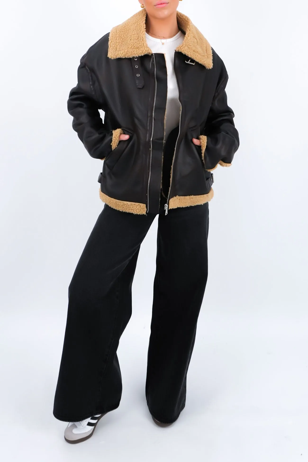 Lissy Pleather Aviator Jacket Brown Comfort Stretch Fabric Everyday Look