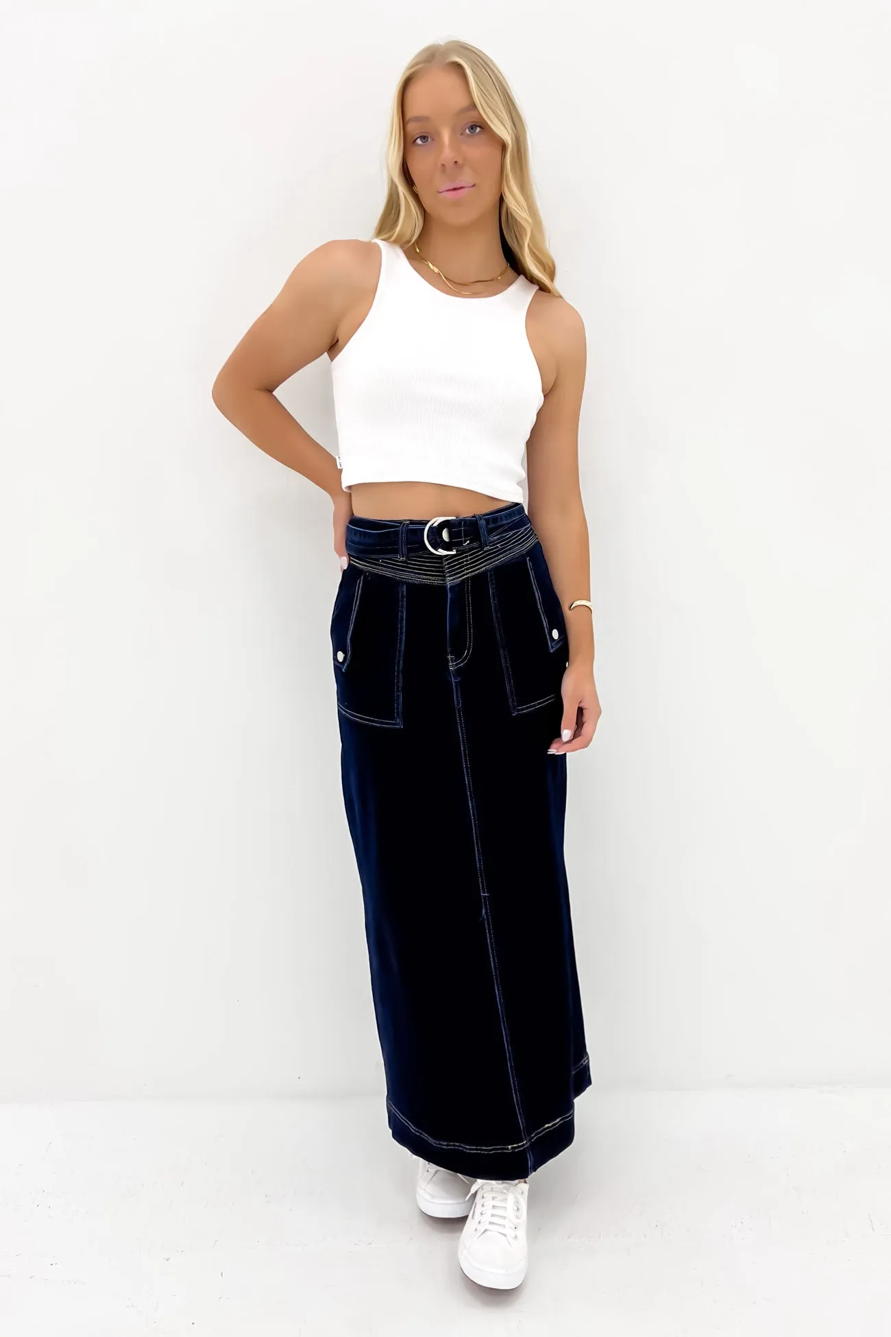 Simple Motion Sonya Denim Midi Skirt Dark Blue