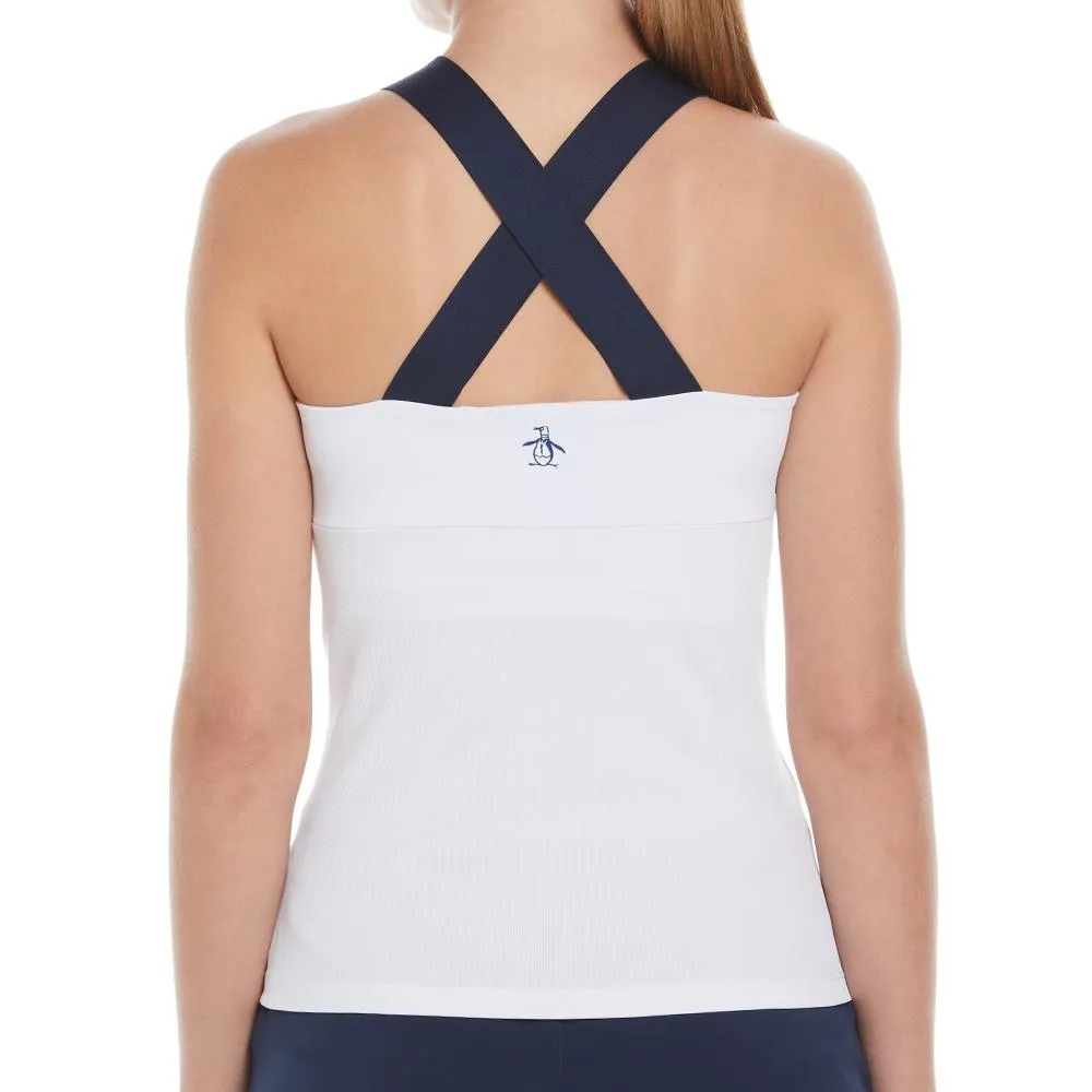 Sophisticated Penguin Women's Rib Criss-Cross Tank - Bright White/Navy leatherette