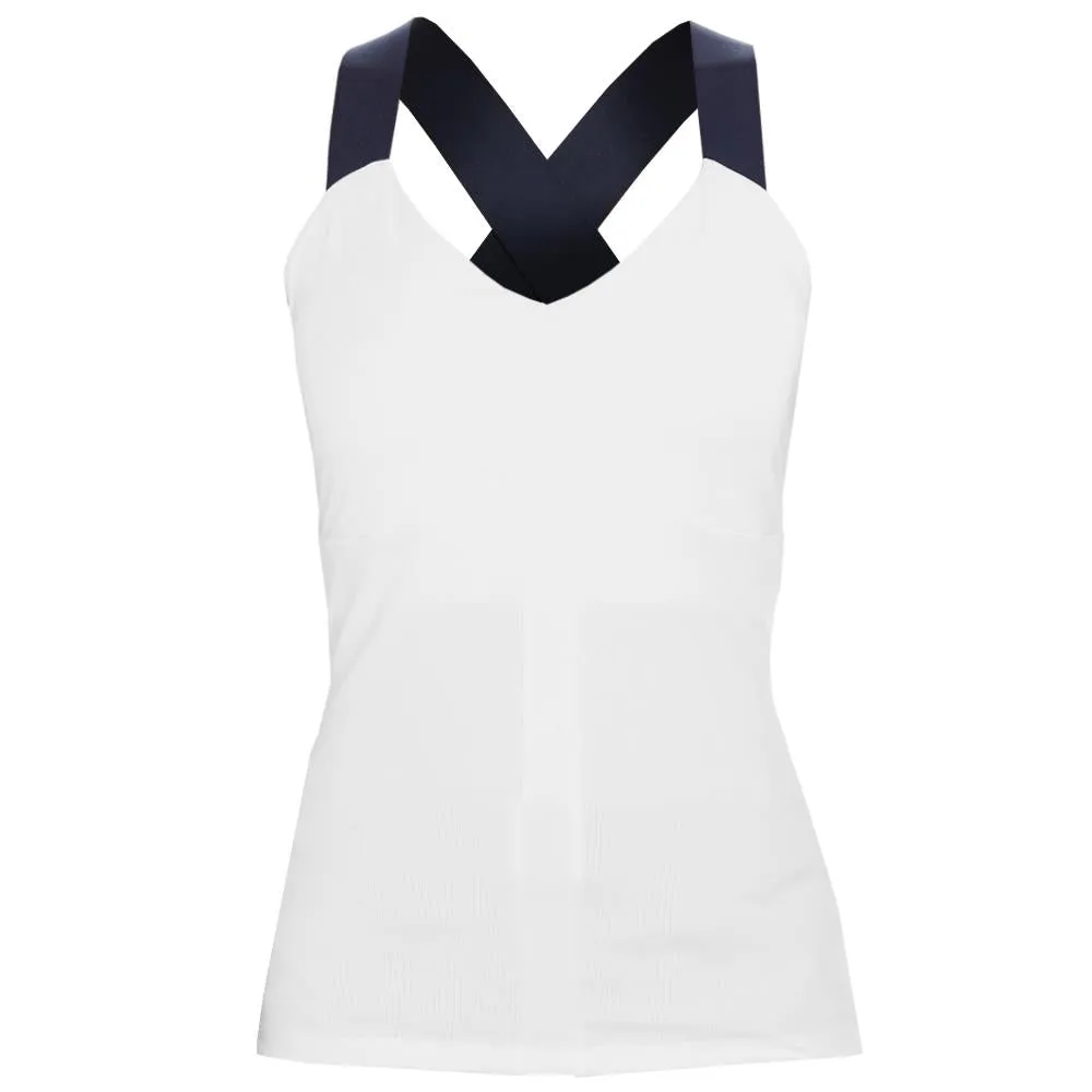 All Day Comfort Practical Function Sophisticated Penguin Women's Rib Criss-Cross Tank - Bright White/Navy