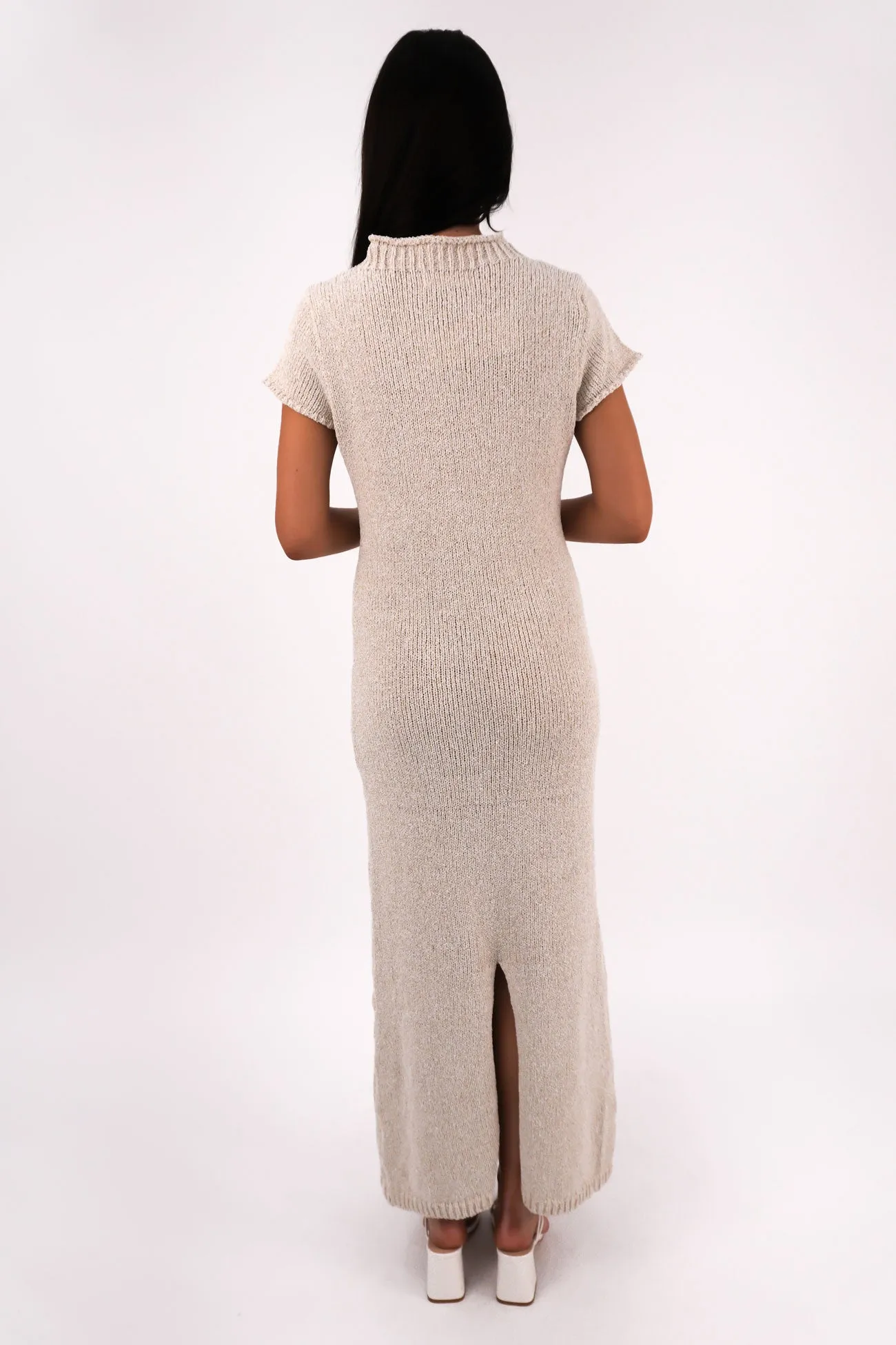 Drapey Fabric Vibe Style Leela Knit Maxi Dress Beige