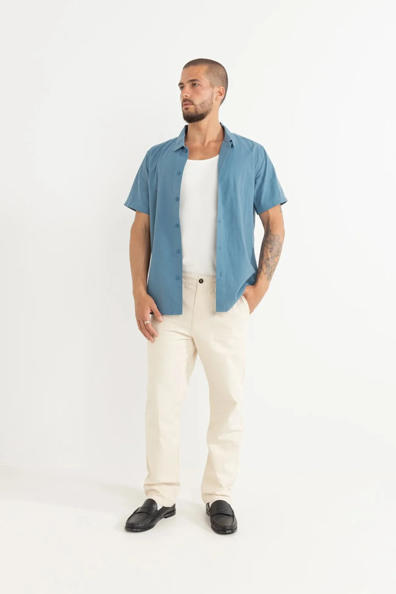 Microfiber Material Classic Linen Short Sleeve Shirt Mineral Blue