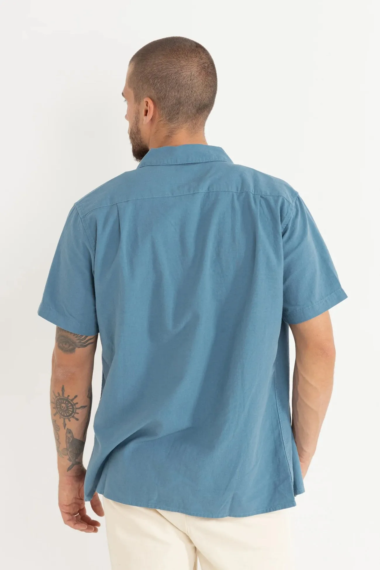 Classic Linen Short Sleeve Shirt Mineral Blue Anti Pilling Surface Double Stitched Seams