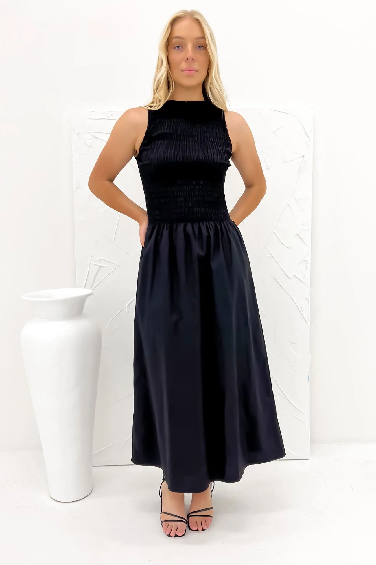 Asymmetric-Neck Radiant Mood Karina Midi Dress Black