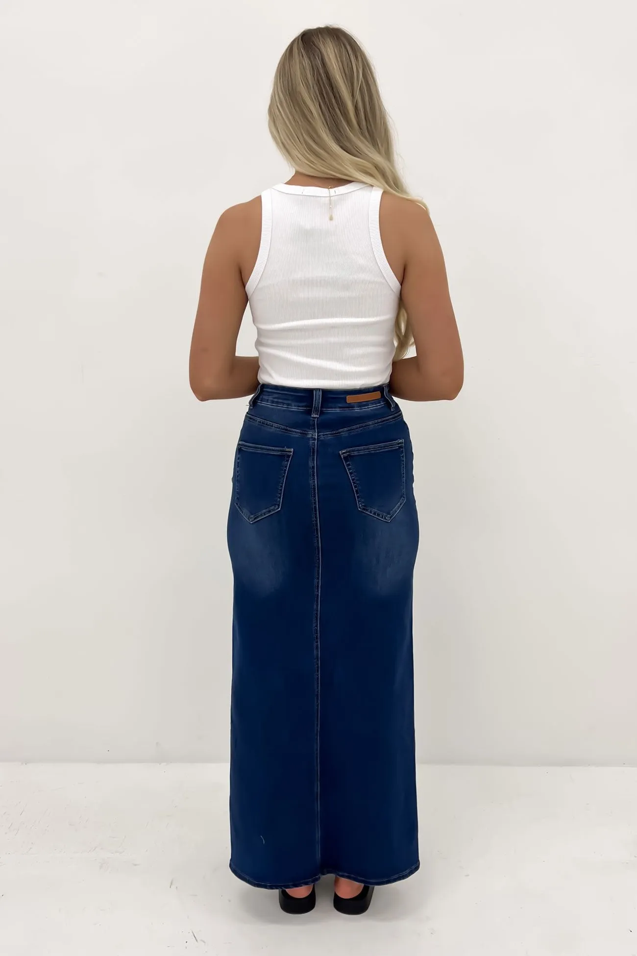 Mid Rise Trend Ready Ana Denim Maxi Skirt Dark Blue