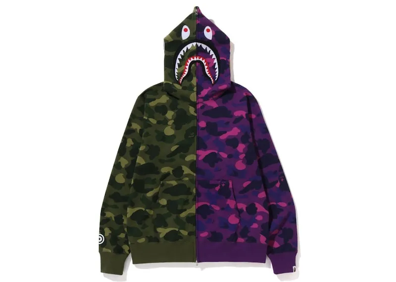 Sleek Bape Color Camo Shark Full Zip Hoodie (Fw22) Green Purple