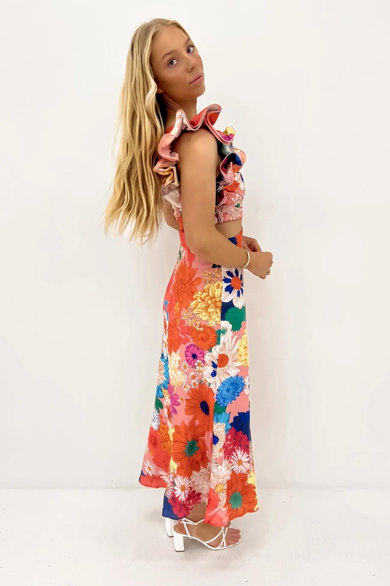 Cut-Out-Detail Tall Fit Knox Midi Dress Orange Floral