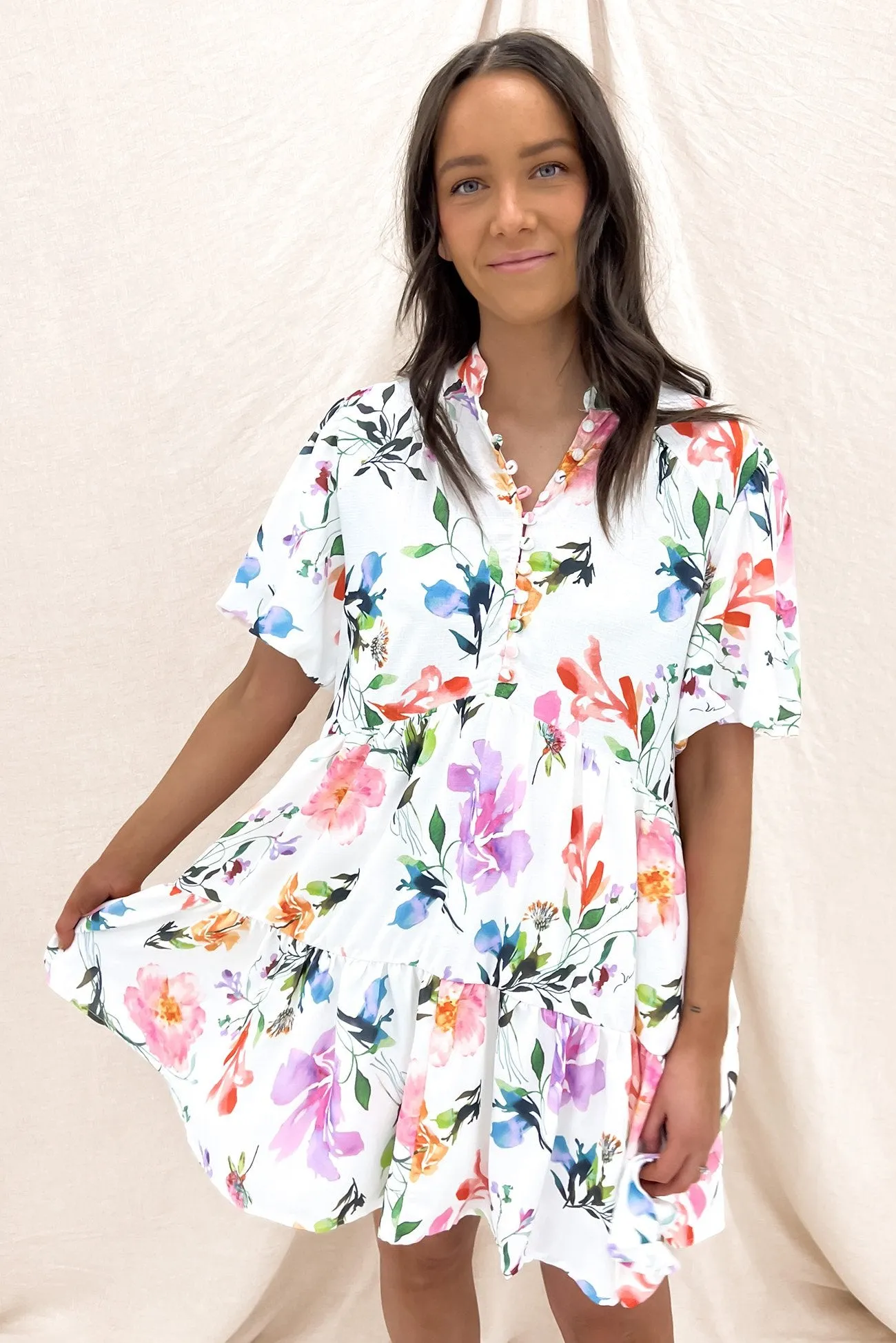 Blaise Mini Dress White Floral High Hemline Anti-bacterial