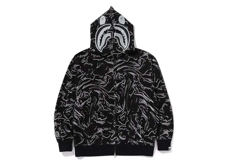 Bape Marbling Camo Shark Relaxed Fit Full Zip Hoodie Black High-Tensile Strength Glossy Finish
