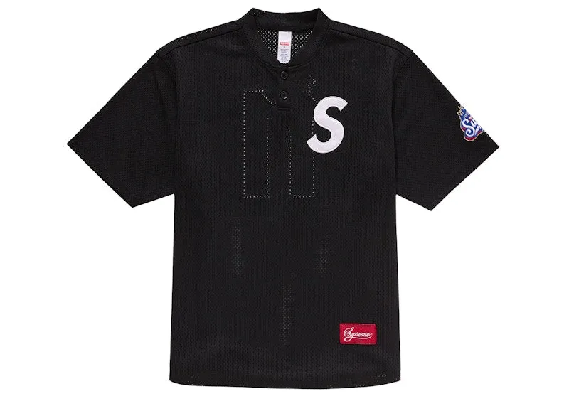 Button Down Supreme S Logo Baseball Henley Black