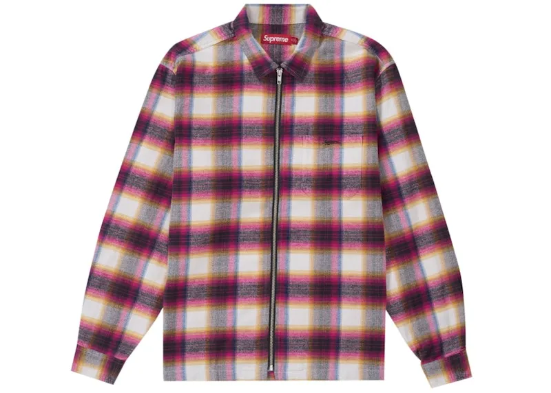 Gathered Supreme Shadow Plaid Flannel Zip Up Shirt (Ss24) White
