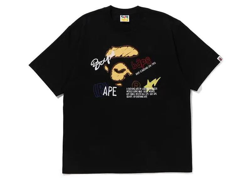 Wear - Resistant Bape Hand Draw Graphic Relaxed Fit Tee Black