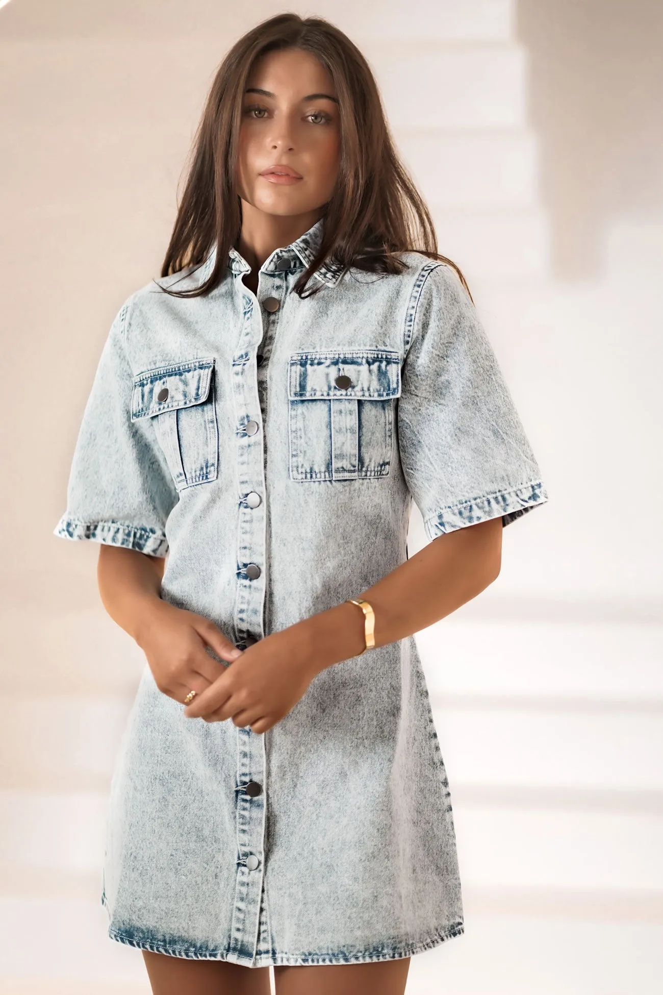 Tatum Denim Mini Dress Sky Blue Soft Contour Lace-Trim