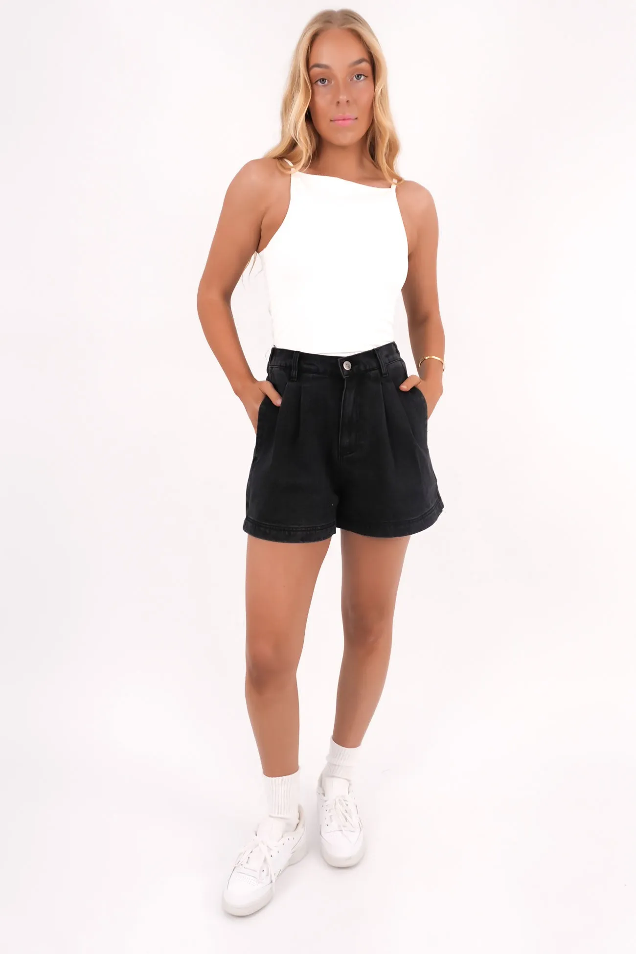 Chafe Free Edging denim material Tatum Denim Short Washed Black