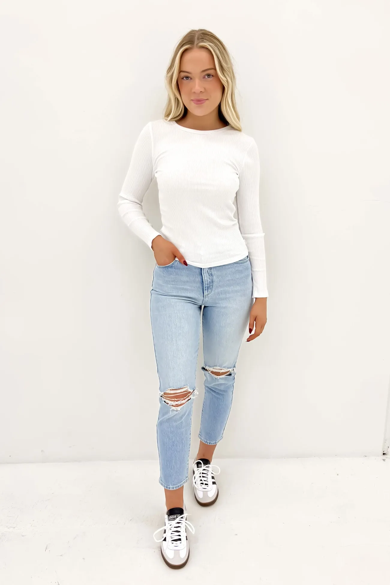 Rib Long Sleeve White Hiking - wear