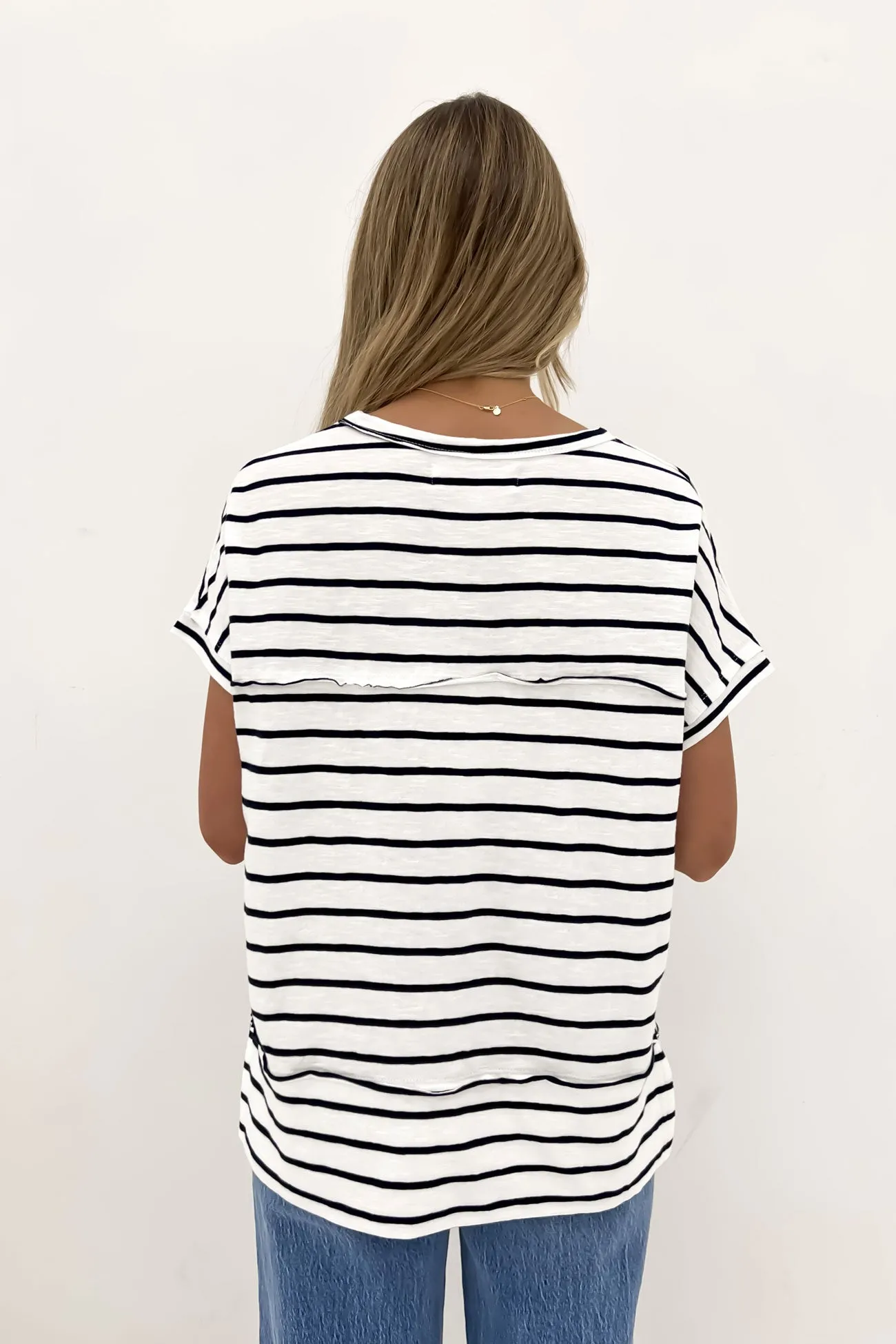 Throw On Short Sleeve Stripe Tee White Navy Stripe Athletic Wear Washable