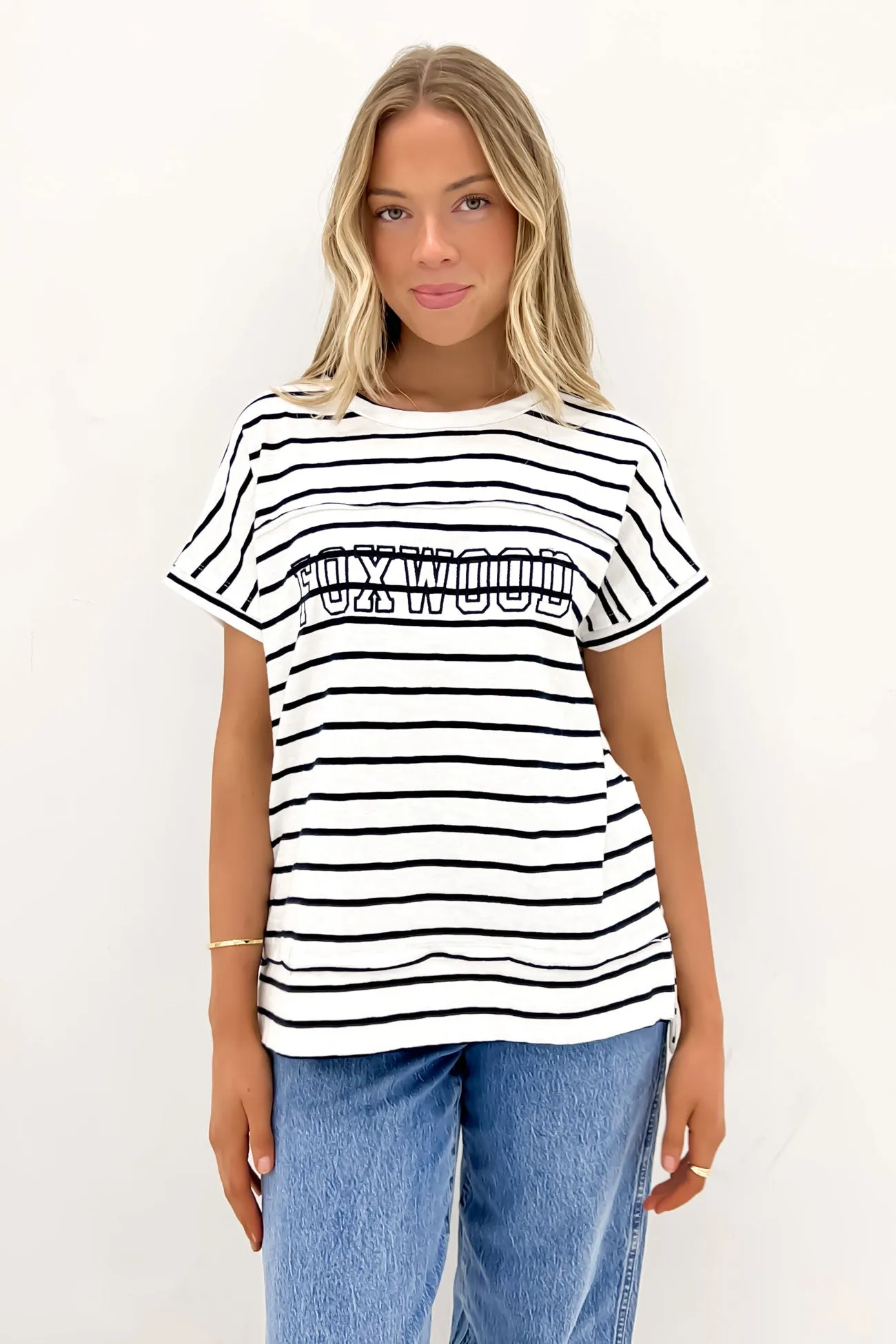 Throw On Short Sleeve Stripe Tee White Navy Stripe Customizable