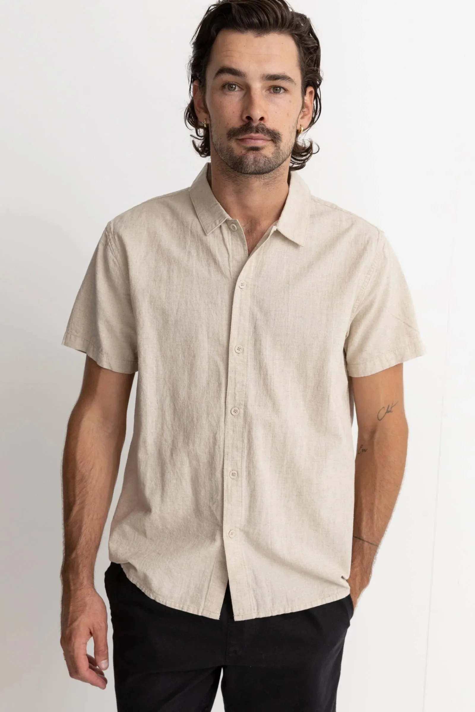 Classic Linen Short Sleeve Shirt Sand Hidden Placket Soft Material
