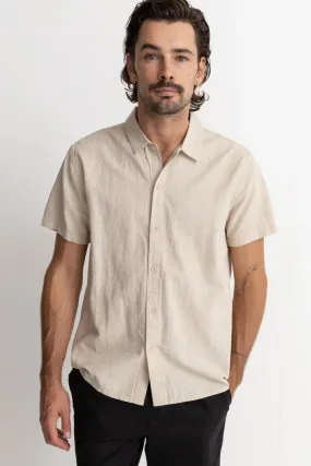 Classic Linen Short Sleeve Shirt Sand Hidden Placket Soft Material