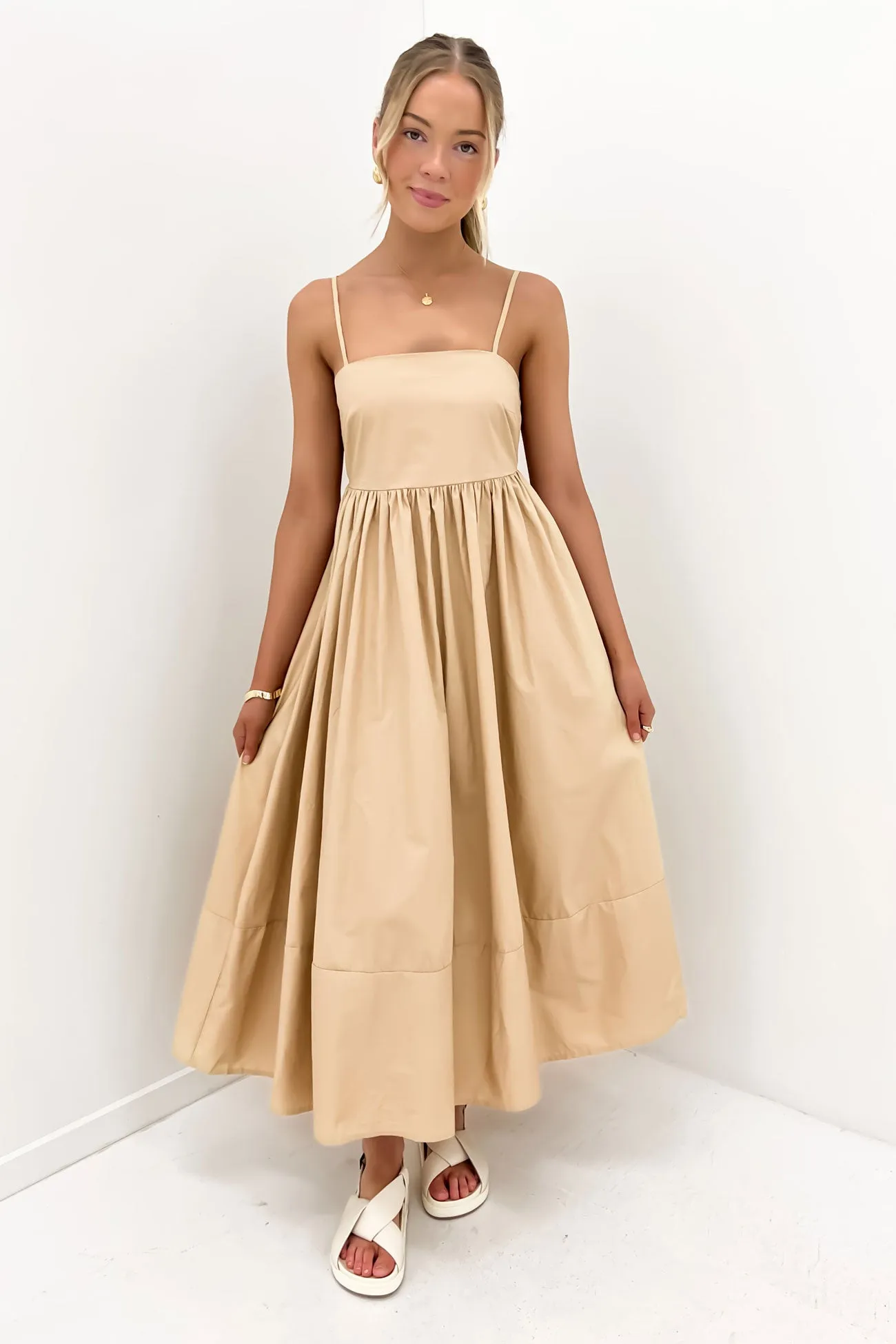Subtle Glow Work Ready Indie Midi Dress Beige