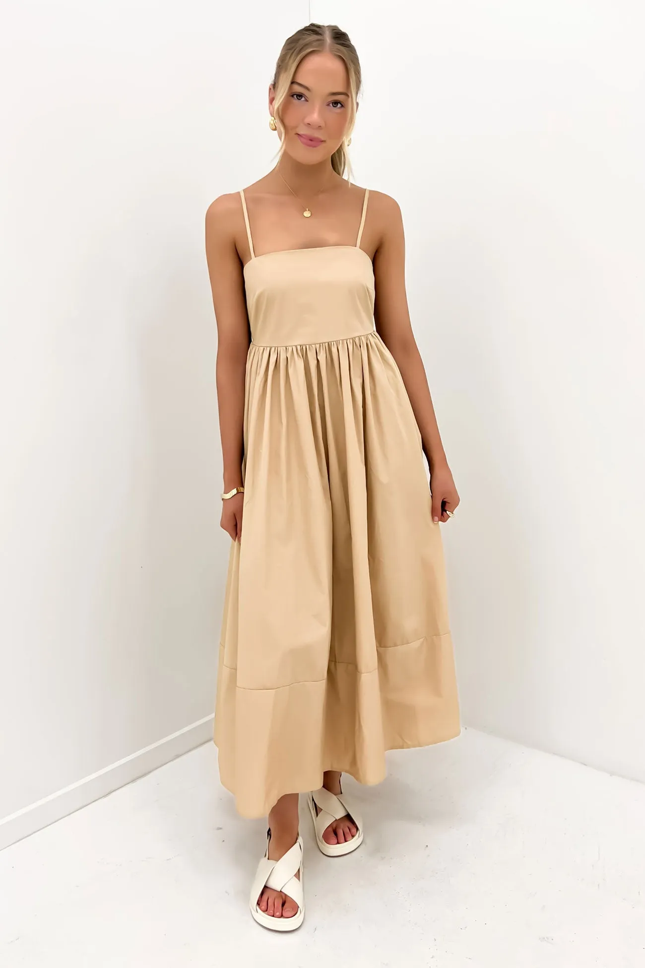 Indie Midi Dress Beige Flattering Silhouette Cozy Feel