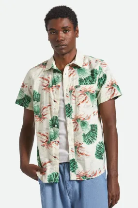 Charter Print Short Sleeve Woven Vintage Palm Print Layered Collar Fitted Silhouette