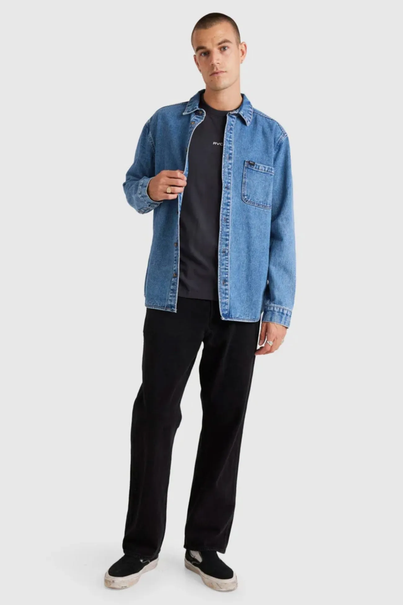 Unisex style Easy Care RVCA Classic Denim Long Sleeve Shirt Vintage Blue