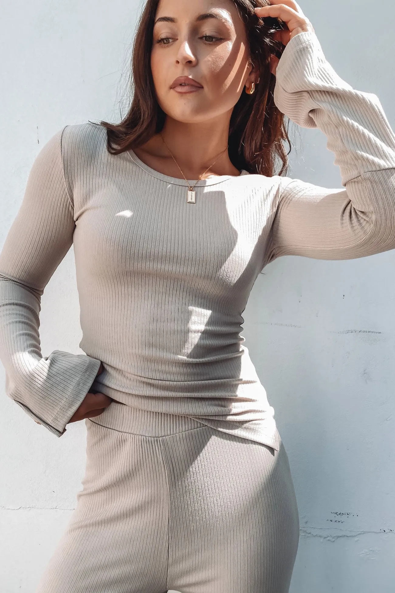Double Needle Stitching Tylar Lounge Rib Long Sleeve Oat Marle
