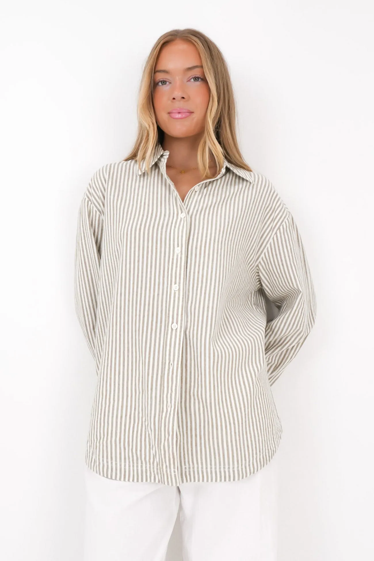 Subtle design Petite Cut Valley Stripe Oversized Shirt Ivy