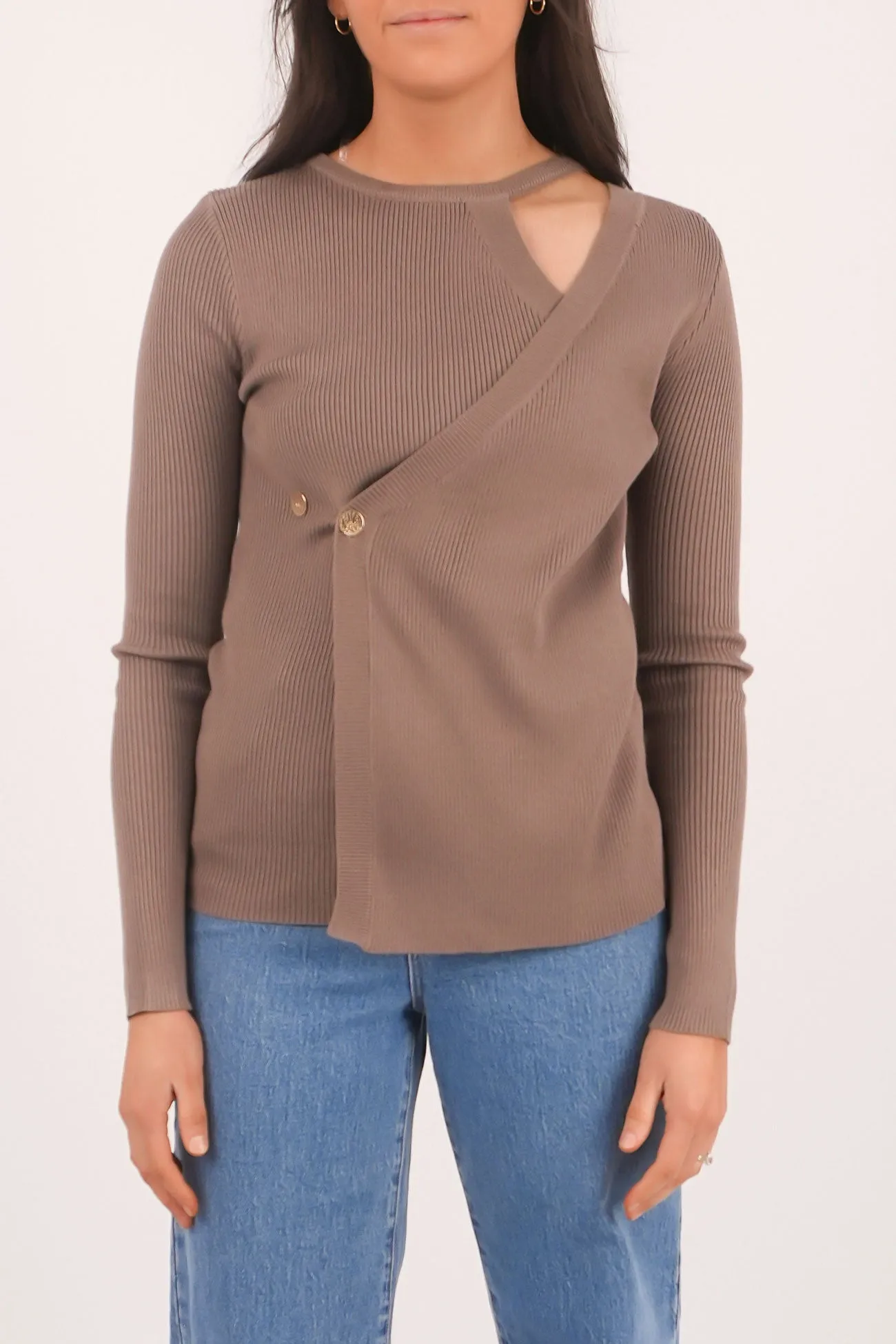 Reinforced Placket Closure Zambee Knit Long Sleeve Top Taupe
