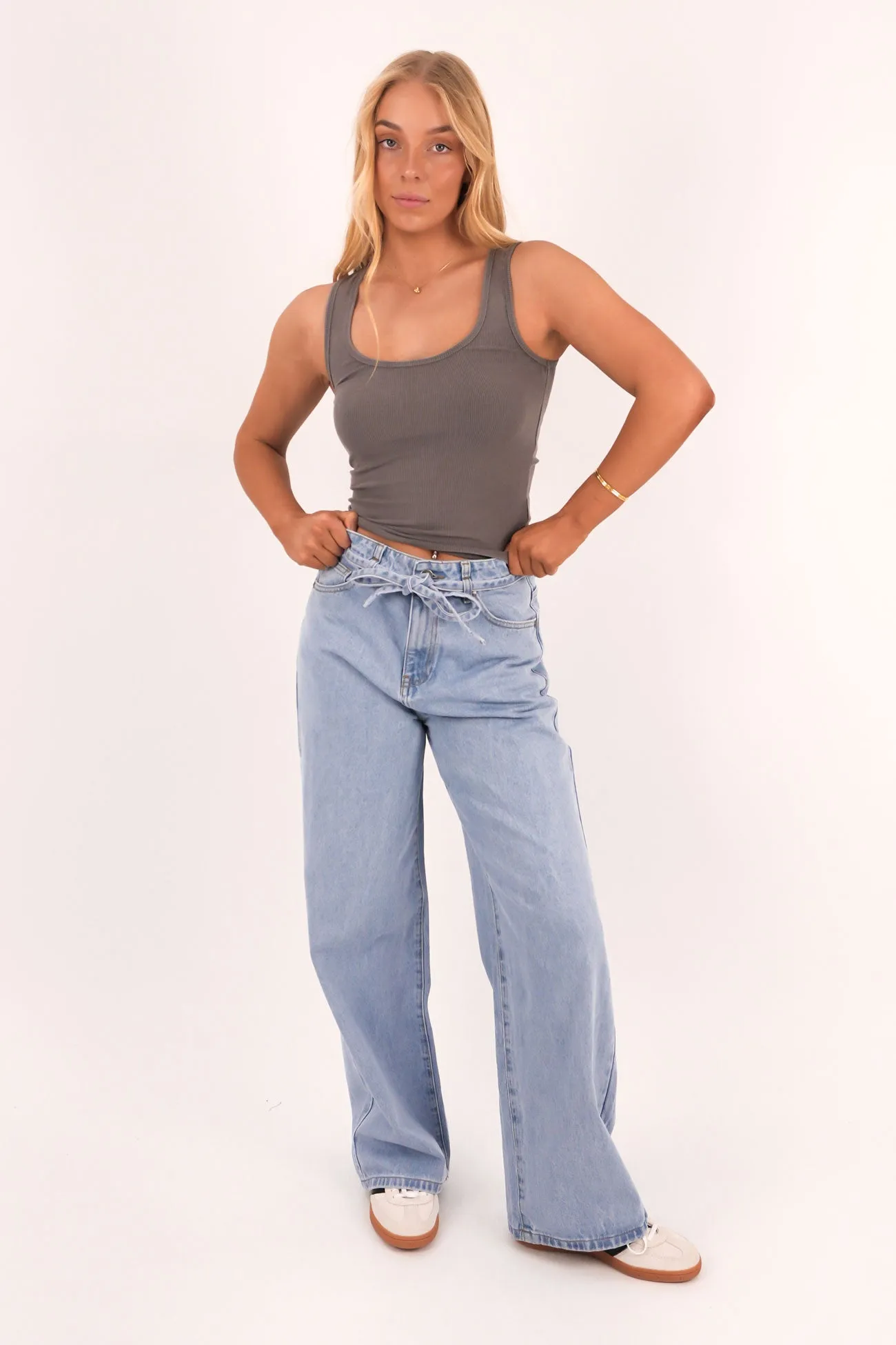 Washed Rib Scoop Neck Tank Charcoal Stretch Fiber Blend single - compartment