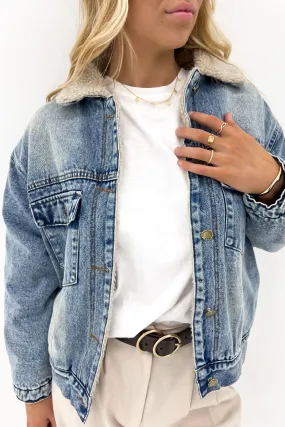 Abrasion Proof Edging James Denim Sherpa Jacket Mid Blue