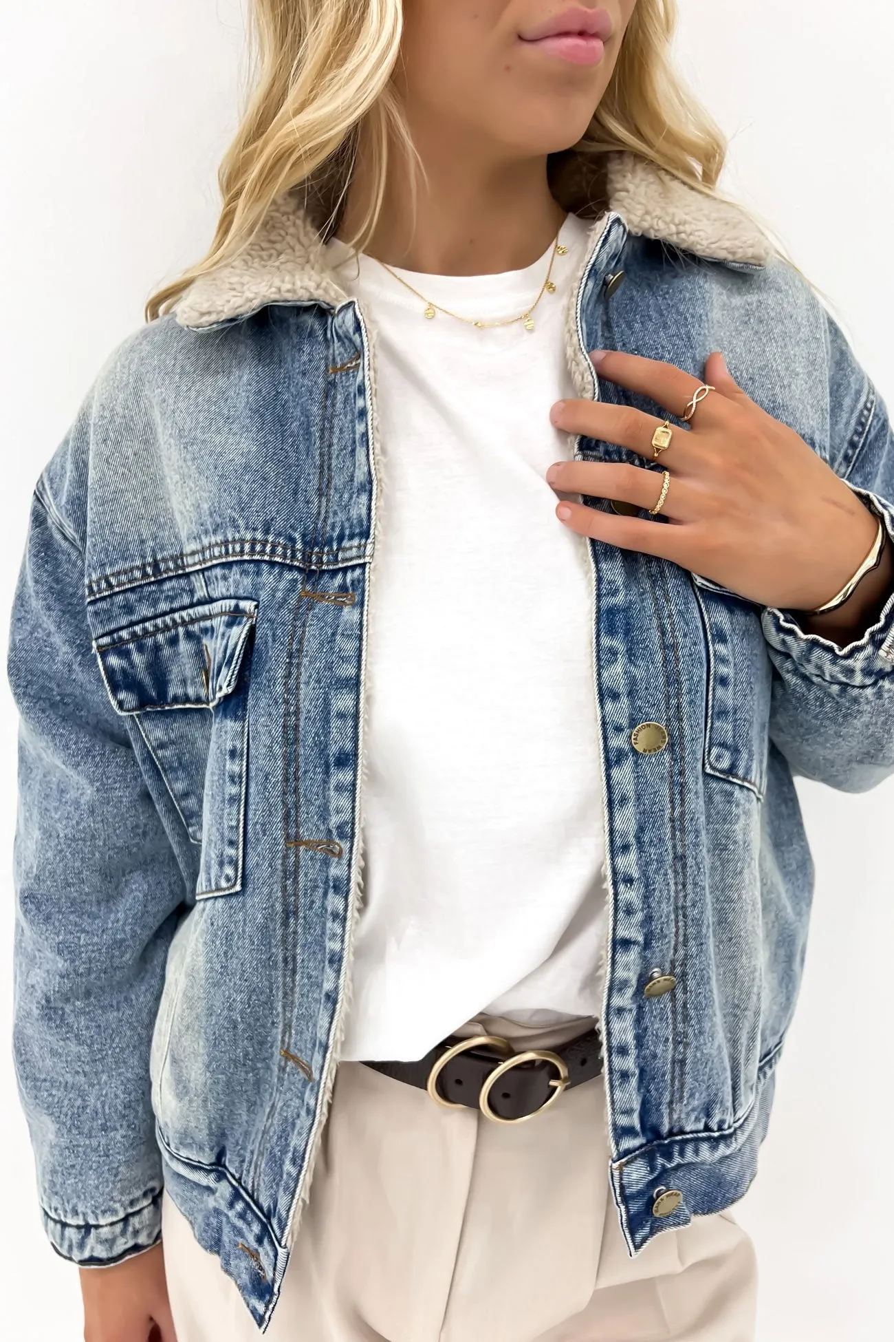 Abrasion Proof Edging James Denim Sherpa Jacket Mid Blue