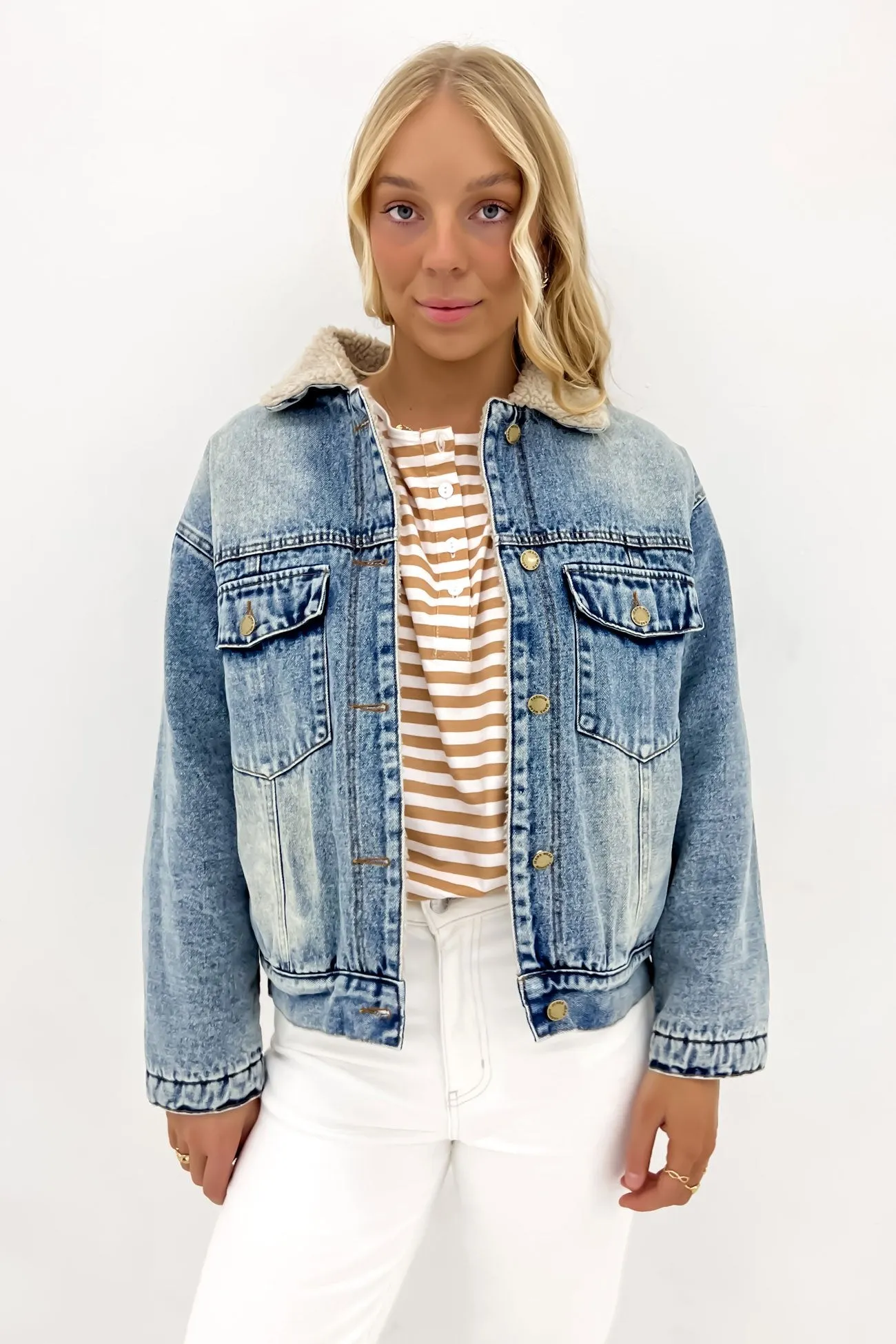James Denim Sherpa Jacket Mid Blue Layered Hem Design Windproof Technology