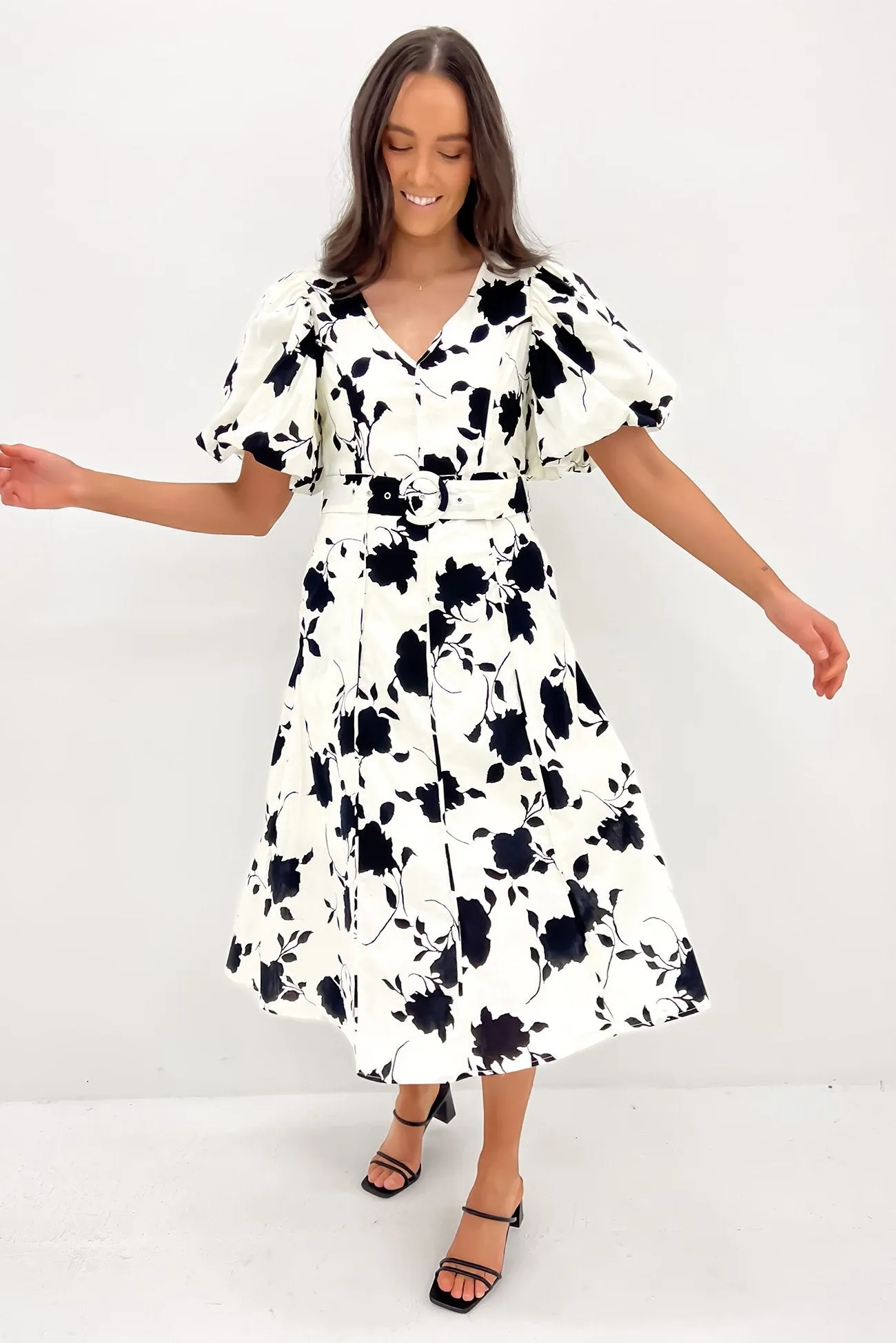 Gypsi Midi Dress Cream Black Side Ruching Mood Glow