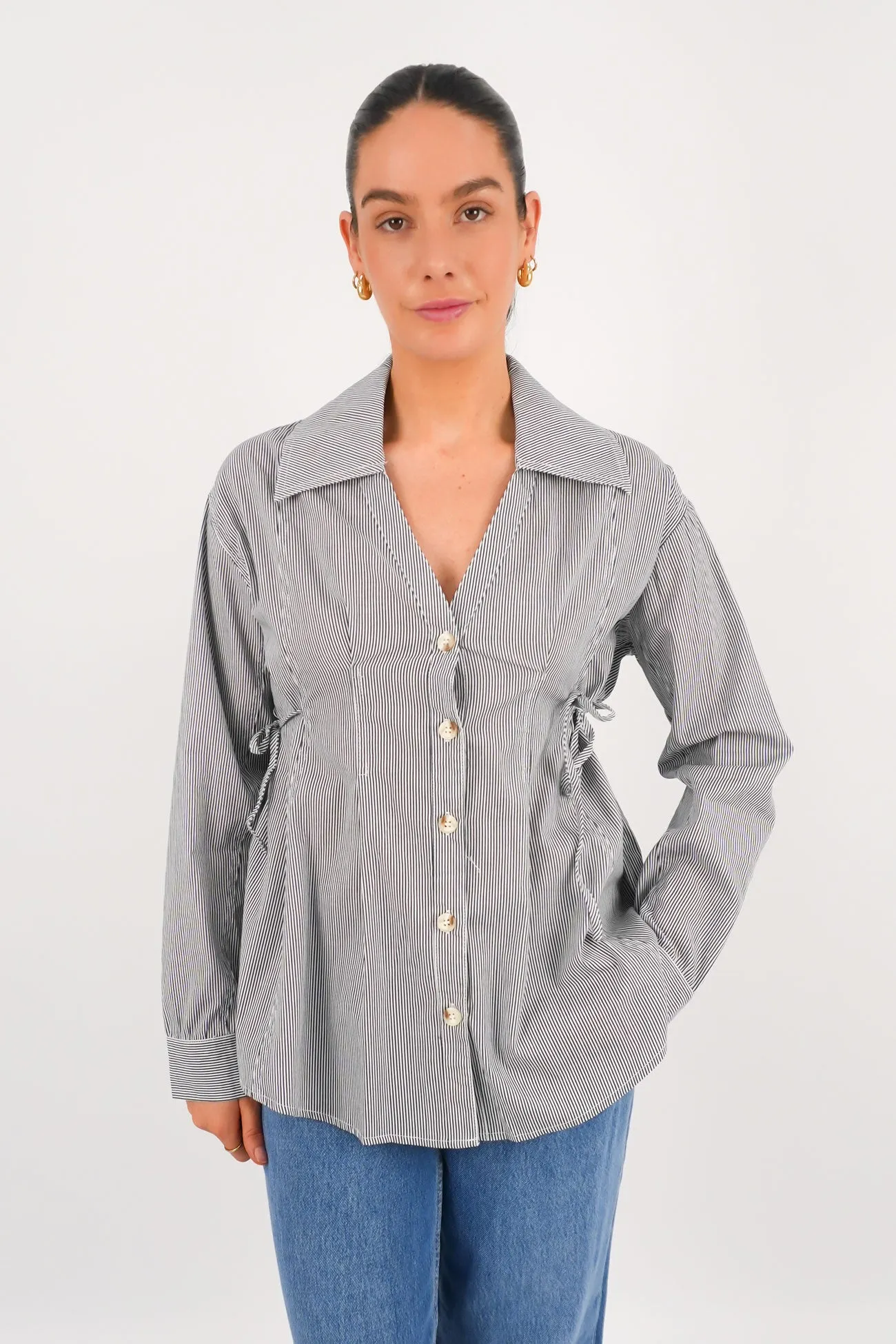 Sustainable Material crew neck Milea Shirt Navy White Stripe