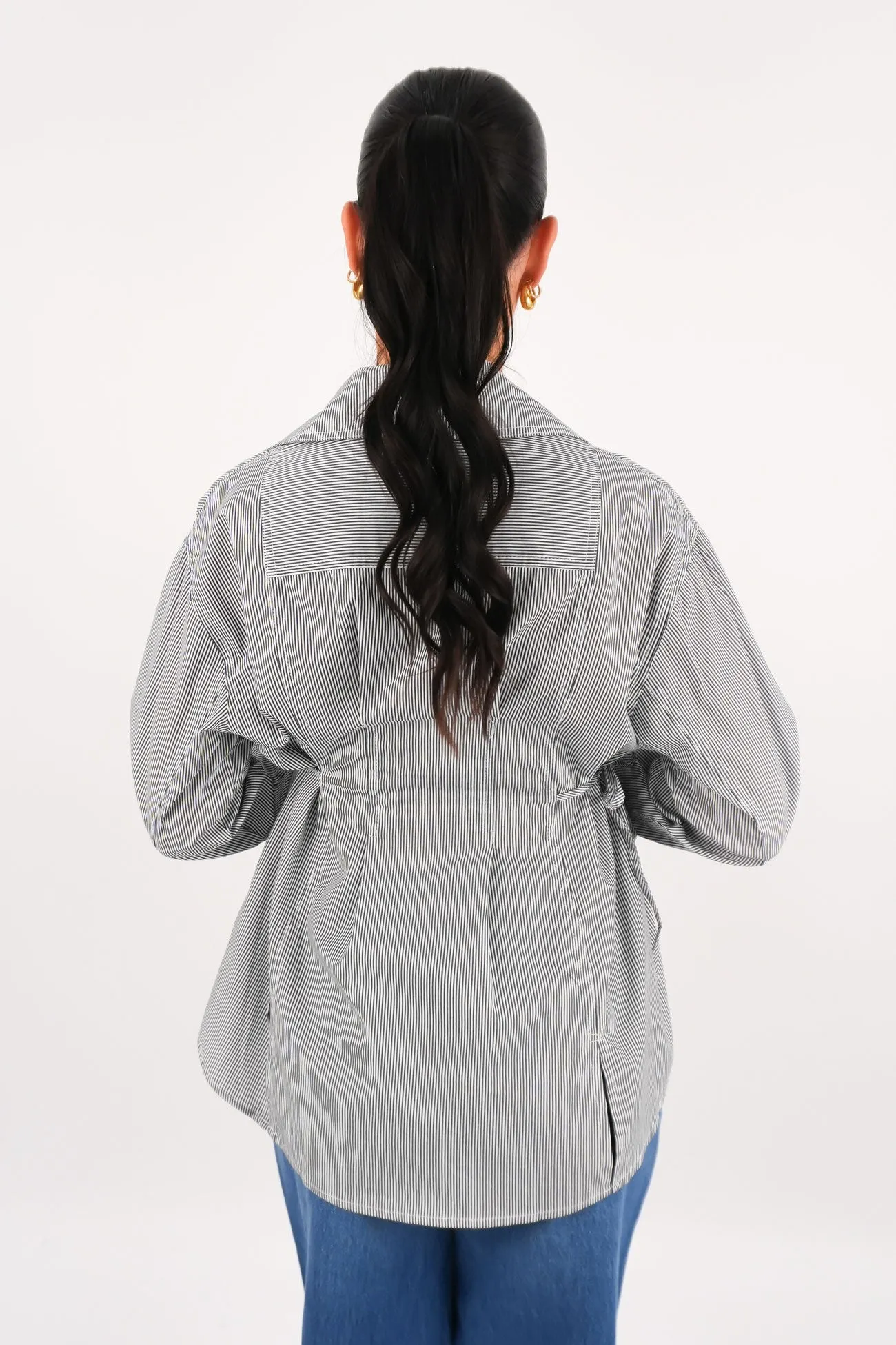 Bamboo Fiber Blend Minimalist Style Milea Shirt Navy White Stripe