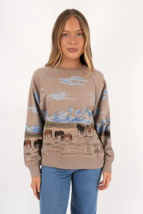 Work efficiency Wild Horses Box Raglan Crew Stone