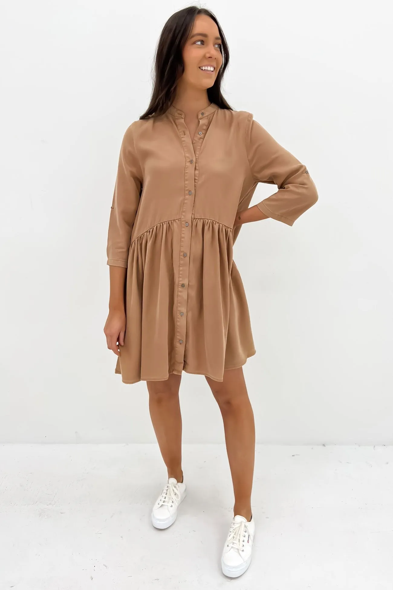 Willow Shirt Dress Tan Fall Flow Button Accent