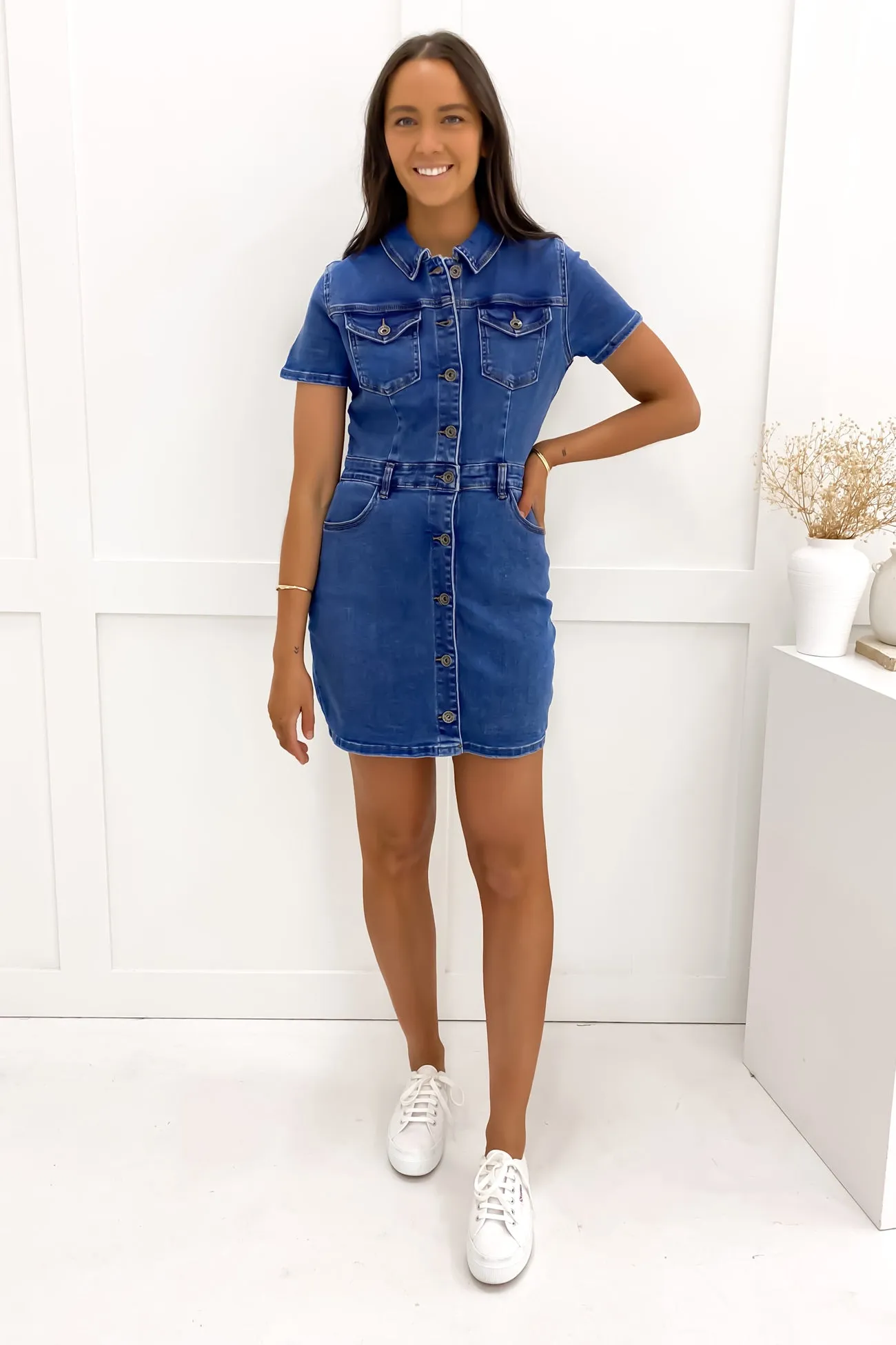 Shay Mini Dress Mid Blue Empire-Waist Easy Style