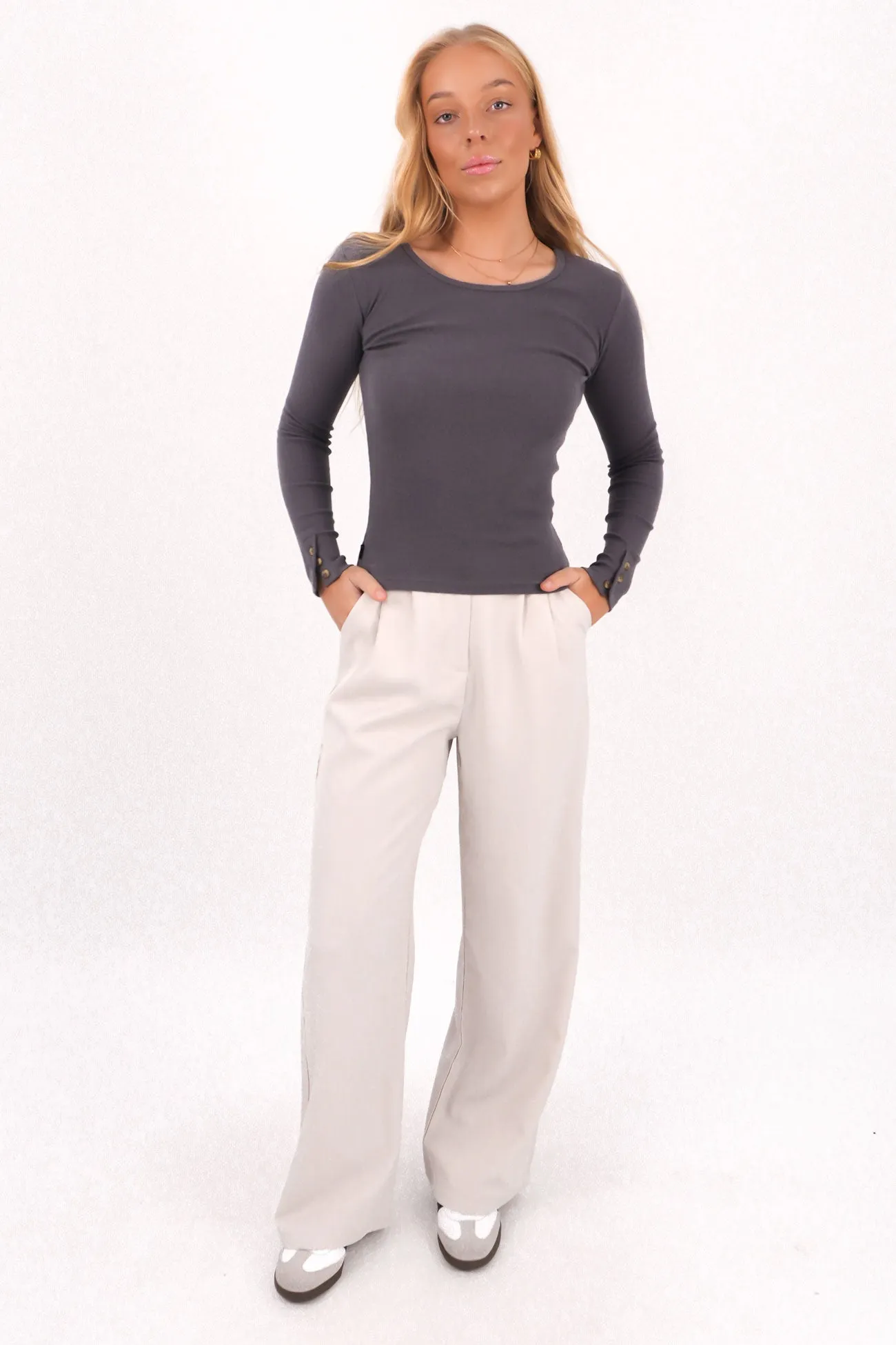 Anniversary Gift Beaded Jordyn Rib Long Sleeve Charcoal